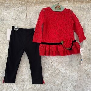 Rare Editions Red Lace Top and Black Leggings Set